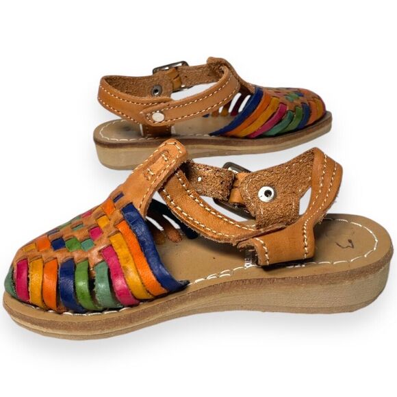 Child Mexican Huarache Sandals Sz 4 | Handmade Leather Closed-Toe Multi-Colored - Picture 7 of 8
